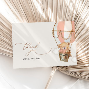 Teddybeer, roze heteluchtballon, Baby shower Bedankkaart