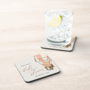 Teddybeer, roze heteluchtballon, Baby shower Bier Onderzetter