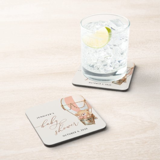 Teddybeer, roze heteluchtballon, Baby shower Bier Onderzetter (Rechterzijde)