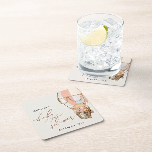 Teddybeer, roze heteluchtballon, Baby shower Kartonnen Onderzetters (Insitu)