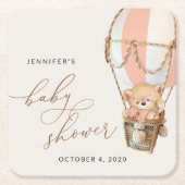 Teddybeer, roze heteluchtballon, Baby shower Kartonnen Onderzetters (Voorkant)