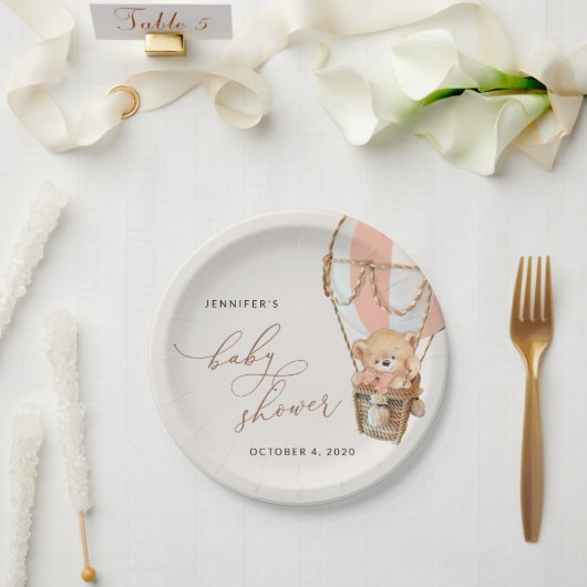 Teddybeer, roze heteluchtballon, Baby shower Papieren Bordje (Huwelijk)