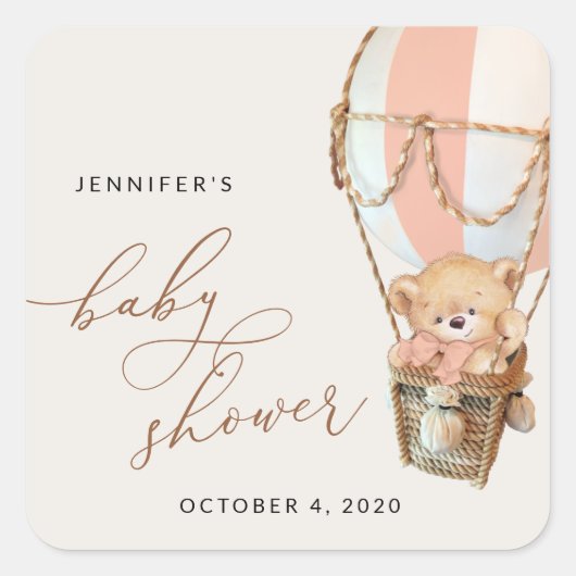 Teddybeer, roze heteluchtballon, Baby shower Vierkante Sticker (Voorkant)