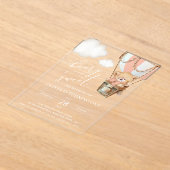 Teddybeer, roze heteluchtballon, eerste verjaardag acryl uitnodigingen (Laagn)