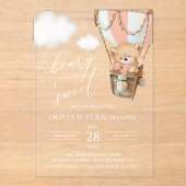 Teddybeer, roze heteluchtballon, eerste verjaardag acryl uitnodigingen (Voorkant)