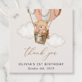 Teddybeer, roze heteluchtballon, eerste verjaardag bedankjes labels (Voorkant)