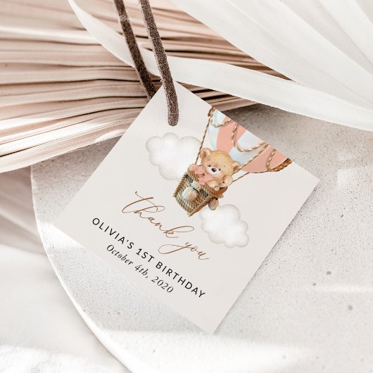 Teddybeer, roze heteluchtballon, eerste verjaardag bedankjes labels