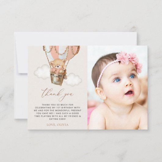 Teddybeer, roze heteluchtballon, eerste verjaardag bedankkaart (Voorkant)