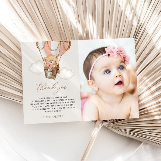 Teddybeer, roze heteluchtballon, eerste verjaardag bedankkaart