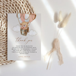 Teddybeer, roze heteluchtballon, eerste verjaardag bedankkaart