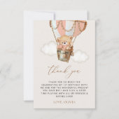 Teddybeer, roze heteluchtballon, eerste verjaardag bedankkaart (Voorkant)