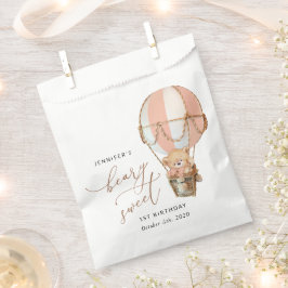 Teddybeer, roze heteluchtballon, eerste verjaardag bedankzakje