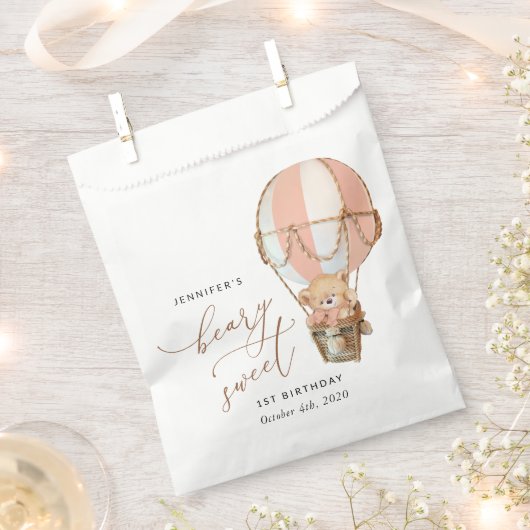 Teddybeer, roze heteluchtballon, eerste verjaardag bedankzakje (Geknipt)