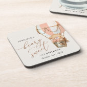 Teddybeer, roze heteluchtballon, eerste verjaardag bier onderzetter (Linkerzijde)