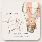 Teddybeer, roze heteluchtballon, eerste verjaardag bier onderzetter (Voorkant)