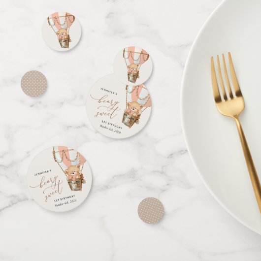 Teddybeer, roze heteluchtballon, eerste verjaardag confetti (Groep)