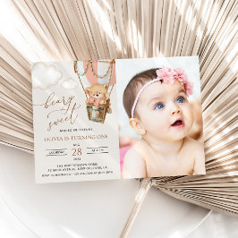 Teddybeer, roze heteluchtballon, eerste verjaardag kaart