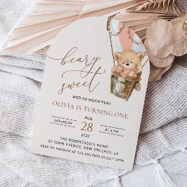 Teddybeer, roze heteluchtballon, eerste verjaardag kaart