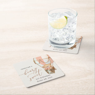 Teddybeer, roze heteluchtballon, eerste verjaardag kartonnen onderzetters