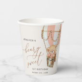 Teddybeer, roze heteluchtballon, eerste verjaardag papieren bekers (Voorkant)