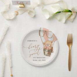 Teddybeer, roze heteluchtballon, eerste verjaardag papieren bordje