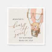 Teddybeer, roze heteluchtballon, eerste verjaardag servet (Voorkant)