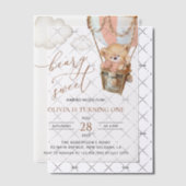 Teddybeer, roze heteluchtballon, eerste verjaardag vellum uitnodigingen (Offset (Uitnodiging))