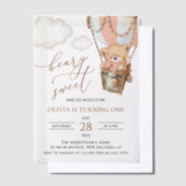 Teddybeer, roze heteluchtballon, eerste verjaardag vellum uitnodigingen (Offset)