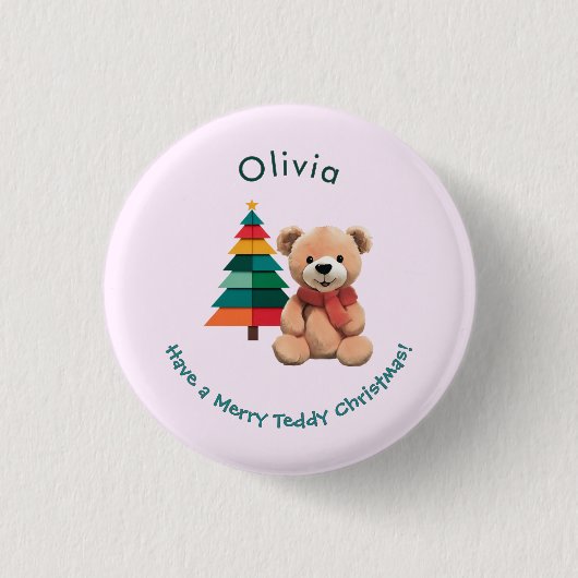 Teddybeer Roze Kerst Badge Prettig Kerstfeest Ronde Button 3,2 Cm (Voorkant)