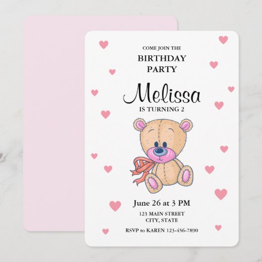 Teddybeer roze kleine meisje verjaardagsfeestje kaart (Voorkant / Achterkant)