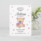 Teddybeer roze kleine meisje verjaardagsfeestje kaart (Staand voorkant)