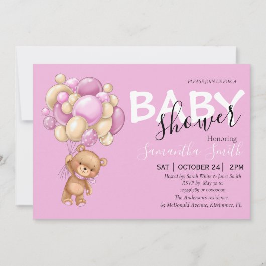 Teddybeer roze meisje uitnodigingen (Voorkant)