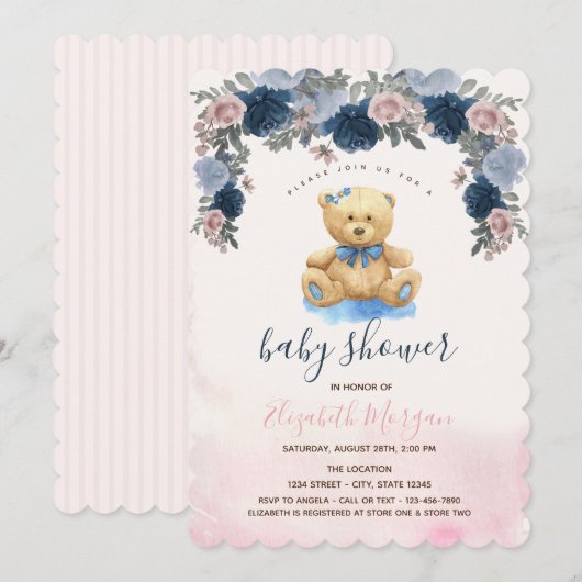 Teddybeer Roze Strepen Baby Shower Kaart (Voorkant / Achterkant)
