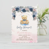 Teddybeer Roze Strepen Baby Shower Kaart (Staand voorkant)