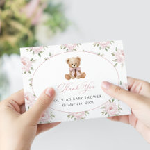 Teddybeer, Roze Strik, Roze Bloemen, Baby Shower