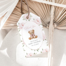 Teddybeer, Roze Strik, Roze Bloemen, Baby Shower