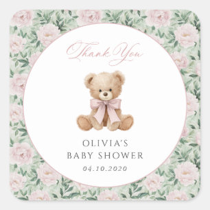 Teddybeer, Roze Strik, Roze Bloemen, Baby Shower Vierkante Sticker