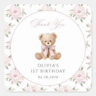 Teddybeer, Roze Strik, Roze Bloemen, Eerste Verjaa Vierkante Sticker