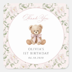 Teddybeer, Roze Strik, Roze Bloemen, Eerste Verjaa Vierkante Sticker