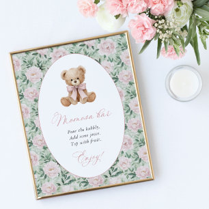 Teddybeer, Roze Strik, Roze Bloemen, Momosa Bar Poster