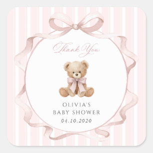 Teddybeer, Roze Strik, Roze Lint, Baby Shower Vierkante Sticker