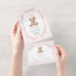Teddybeer, Roze Strik, Roze Lint, Eerste Verjaarda All In One Uitnodiging