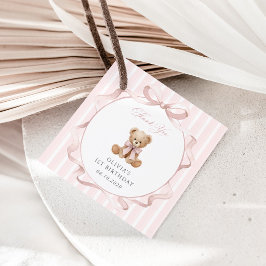 Teddybeer, Roze Strik, Roze Lint, Eerste Verjaarda Bedankjes Labels
