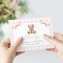 Teddybeer, Roze Strik, Roze Lint, Eerste Verjaarda Bedankkaart