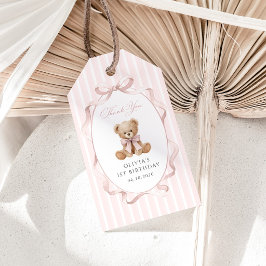 Teddybeer, Roze Strik, Roze Lint, Eerste Verjaarda Cadeaulabel