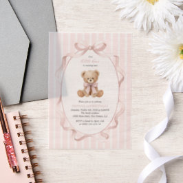 Teddybeer, Roze Strik, Roze Lint, Eerste Verjaarda Vellum Uitnodigingen