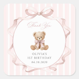 Teddybeer, Roze Strik, Roze Lint, Eerste Verjaarda Vierkante Sticker