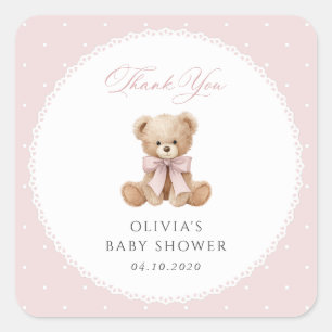 Teddybeer, Roze Strik, Roze Stippen, Baby Shower Vierkante Sticker