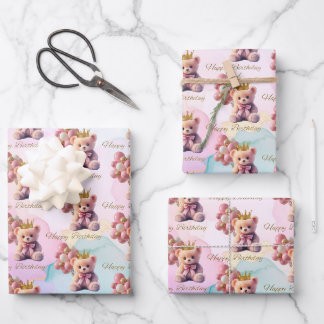 Teddybeer Roze Strikken Gouden Kroon Gelukkige Ver Inpakpapier Vel