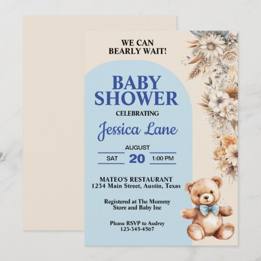 Teddybeer  Rustieke Bloemen Jongen Baby shower Kaart (Voorkant / Achterkant)